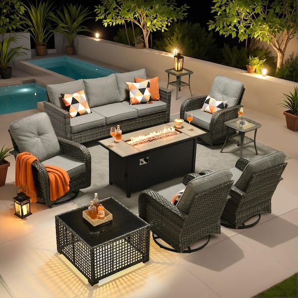 weaxty W Lotus Gray 9-Piece Wicker Patio Fire Pit Conversation Sofa Set Swivel Rocking Chairs Coffee Table and Dark Gray Cushion