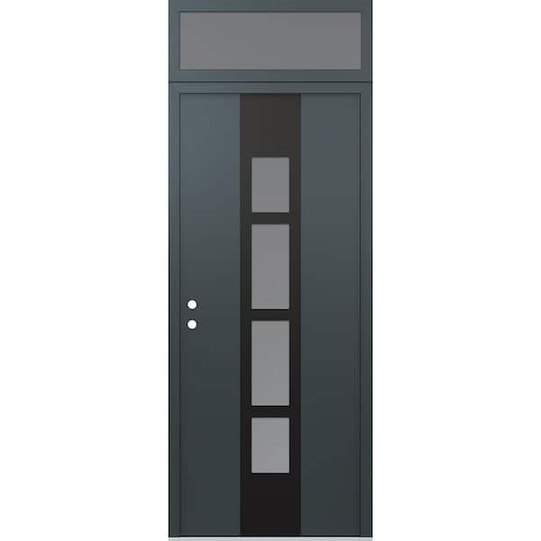 A10 36 in. x 96 in. Black P Right-Hand/Inswing Frosted Glass Anth/Anth Transom Steel Prehung Front Door