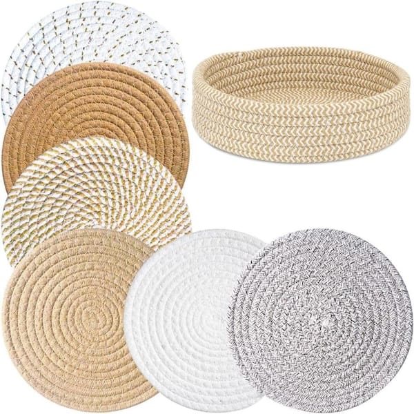 Brown Cotton 8 in Round Trivets for Hot Dishes, Heat Resistant Mats with Storage Basket, 5-Piece Set