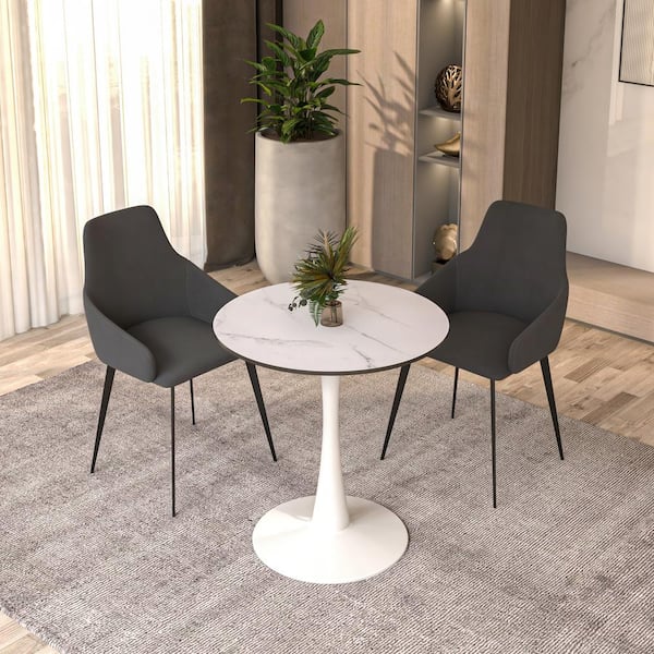 Leisuremod Round Dining Table 24 in. MDF Wood Tabletop with White Steel Pedestal Seats 4 Bristol Series in Natural Wood