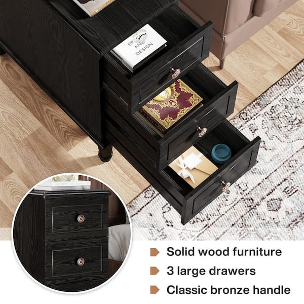 Fnova 25 in. H Solid Wood Black Rectangle End Table with 3 Drawers