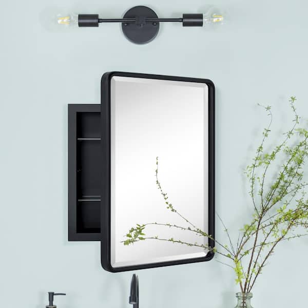 TEHOME Farmhouse 14 in. W x 18 in. H Recessed Rectangular Metal Framed Bathroom Medicine Cabinets with Mirror in Matt Black GC 00739 1