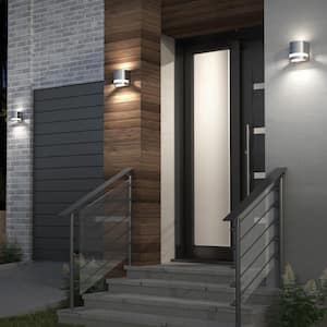 Valor Stainless Steel Modern Round Integrated LED Outdoor Hardwired Garage and Porch Light Lantern Sconce