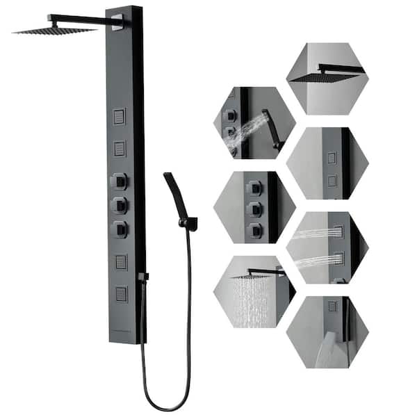 HOMEMYSTIQUE 4-in-1, 4-Jet Shower Panel Tower System with Rainfall Waterfall Shower Head, and Massage Body Jets in Matte Black