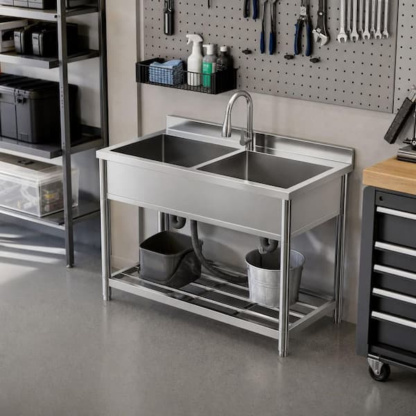 2-Compartment Outdoor Utility Sink – 304 Stainless Steel Double Bowl With Stand, Faucet & Drain, For Garage Or Kitchen