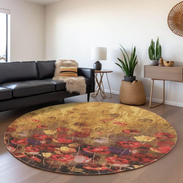 Mayfield Premium Machine Washable Abstract AMF992 Gold 8 ft. x 8 ft. Round Rug