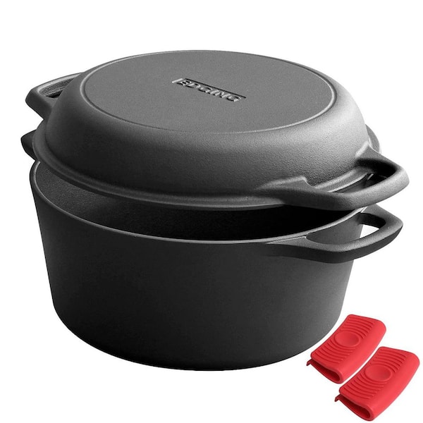 5 qt. Cast Iron 2-in-1 Pre-Seasoned Dutch Oven Pot in Black with Skillet Lid, Integrated Sturdy Loop Handles