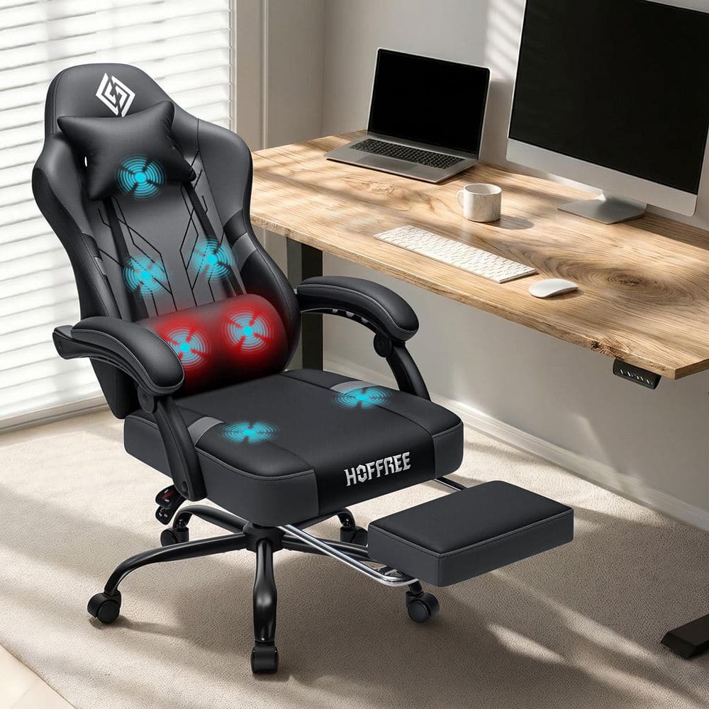 Faux Leather Heated and Massage Ergonomic Gaming Chair with 7-Point Vibration Function in Black/Gray and Footrest