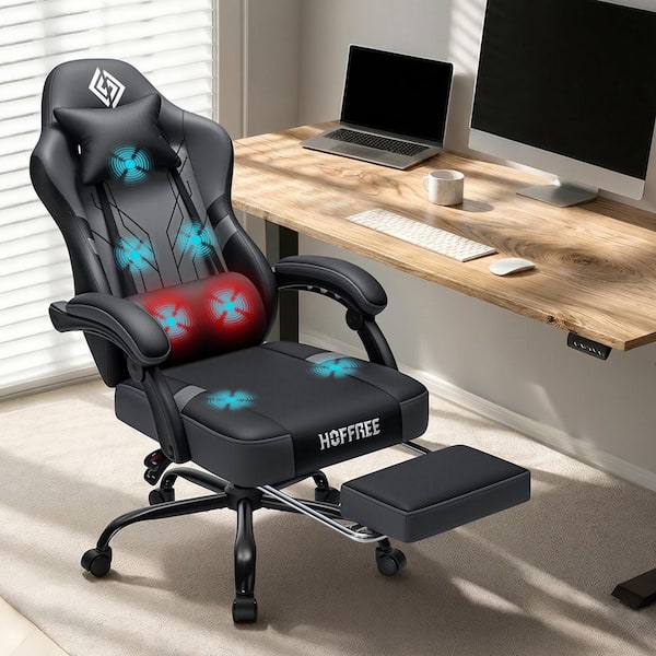 Faux Leather Heated and Massage Ergonomic Gaming Chair with 7-Point Vibration Function in Black/Gray and Footrest