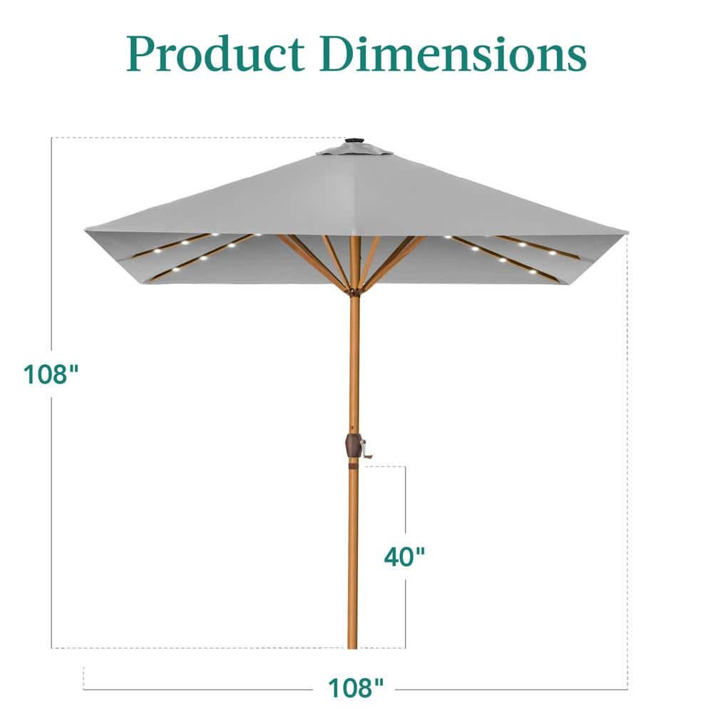 Fog Gray 9ft Square Solar LED Lighted Market Patio Umbrella with Steel Pole