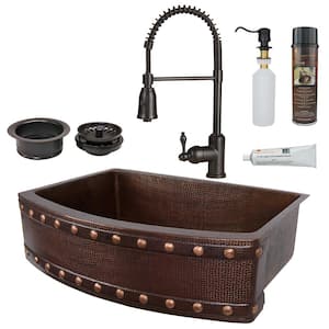 All-in-One Copper 30 in. Rounded Single Barrel Strap Kitchen Farmhouse Apron Front Sink with Spring Faucet in ORB