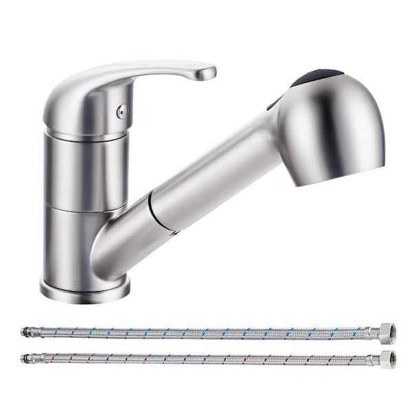 Single-Handle Pull Out Sprayer Kitchen Faucet with Deckplate Included Supply Lines in Brushed Nickel
