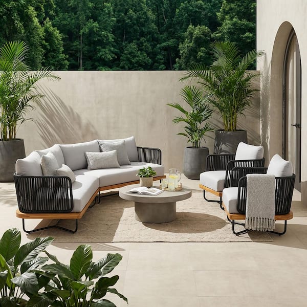 Florencia 4-Piece Solid Wood Patio Conversation Set with Gray Rope and Gray Cushions