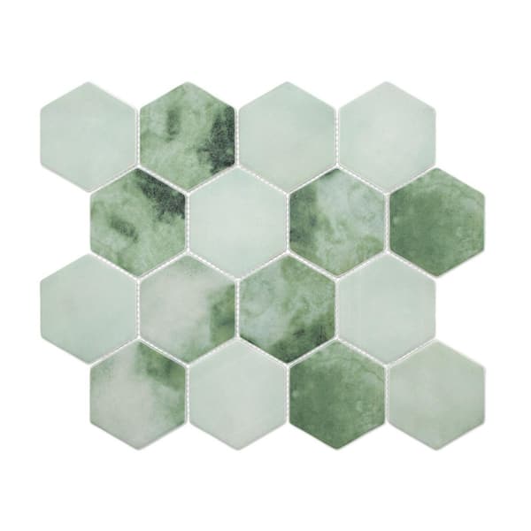 Hexagon Green Mix 11.8 in. x 10.23 in. Matte Recycled Glass Cement Looks Floor and Wall Mosaic Tile (8.4 sq. ft. /Case)