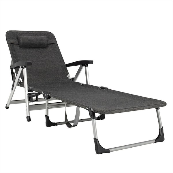 Gymax Metal Grey Beach Chaise Lounge Chair Patio Folding Recliner with 7 Adjustable Positions
