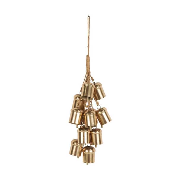 Litton Lane 9 in. x 25 in. Gold Metal Cluster Decorative Bells with Jute Hanging Rope