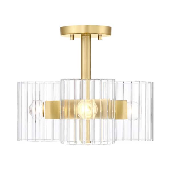 Aries 15 in. 3-Light Brushed Gold Modern Entryway Semi-Flush Mount with Clear Ribbed Glass Shades