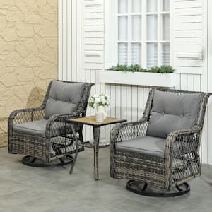 3 Piece Wicker Outdoor Bistro Set, Rocking Patio Furniture Set with Gray Cushion