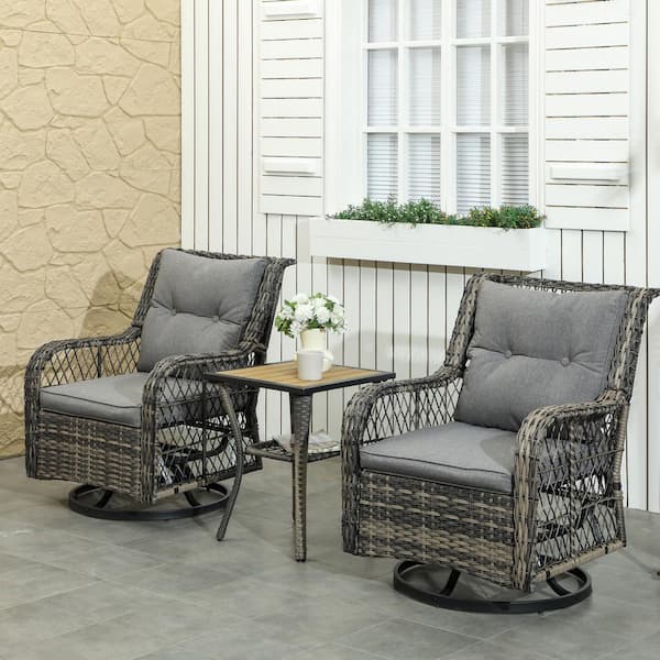 Outsunny 3 Piece Wicker Outdoor Bistro Set, Rocking Patio Furniture Set with Gray Cushion