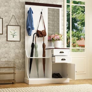 White Wood 4-in-1 Hall Tree Coat Rack Umbrella Holder with 2-Metal Double Hooks, Mirror, Drawers and Shoe Storage