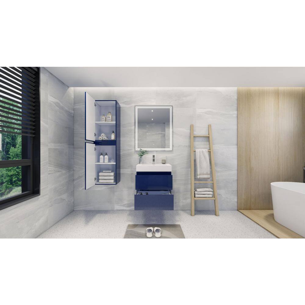 24" High Gloss White and Blue Wall-Mounted Single Bathroom Vanity