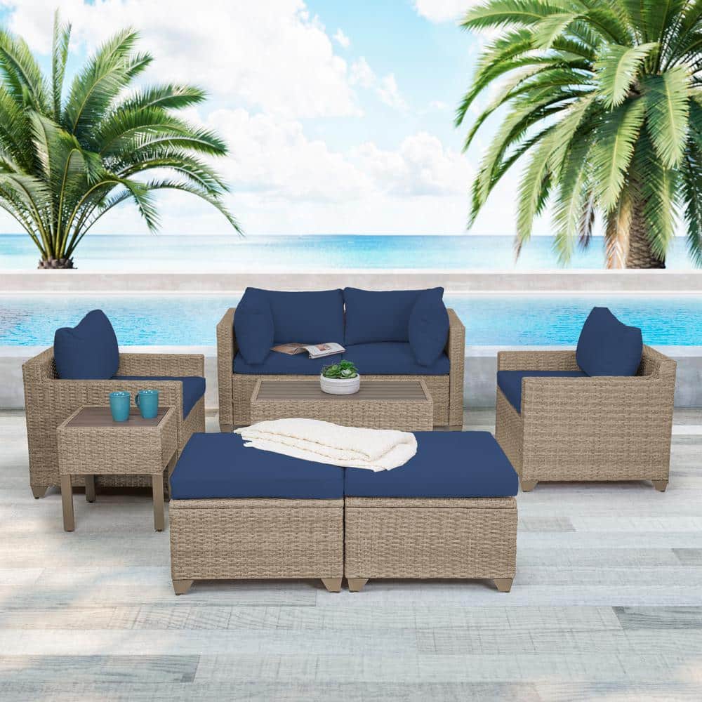 Maui 8-Piece Wicker Patio Conversation Set with Cobalt Cushions