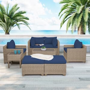 Maui 8-Piece Wicker Patio Conversation Set with Cobalt Cushions