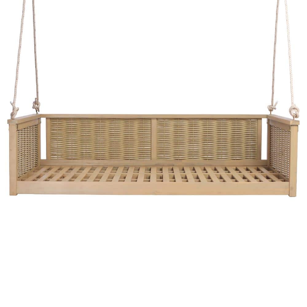 Outdoor Solid Wood Twin Size Swing Bed, Garden Porch Hanging Daybed with Ropes for Backyard, Poolside, Light Teak price history on PriceWatchPro