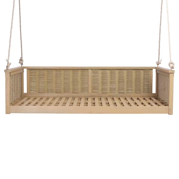 79.5 in. Light Teak Twin Size Solid Wood Swing Bed, Porch Swing with Hanging Ropes for Garden