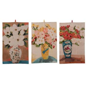 Multicolored Cotton Chambray Printed Tea Towel with Flowers in Vase (Set of 3)