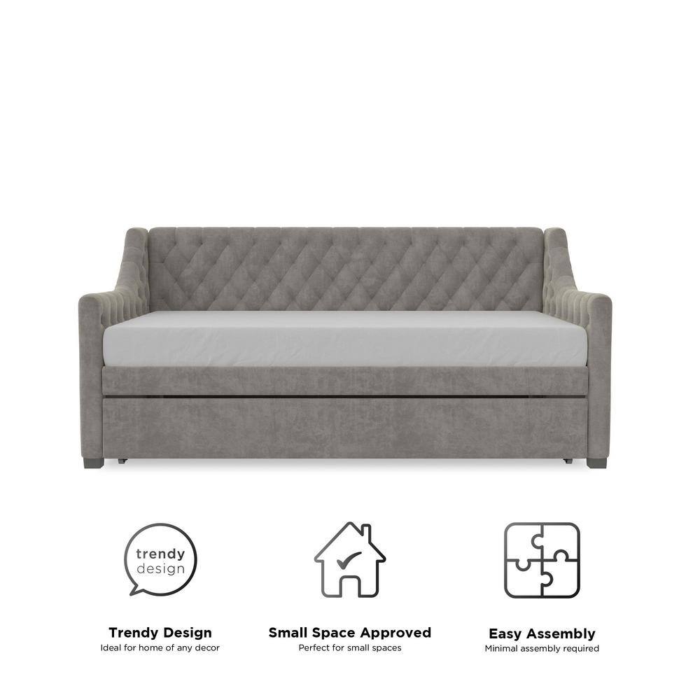 Light Gray Velvet Twin Daybed with Trundle and Tufted Upholstery