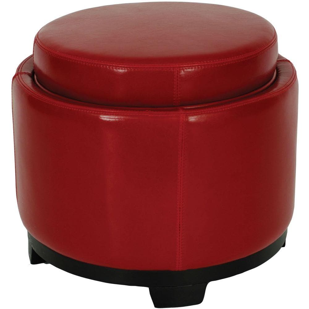 Transitional Round Red Ottoman with Storage Tray