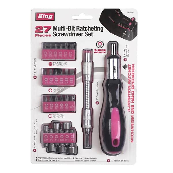 KING Multi-Bit Ratcheting Screwdriver, 3 Position Ratchet, Pink