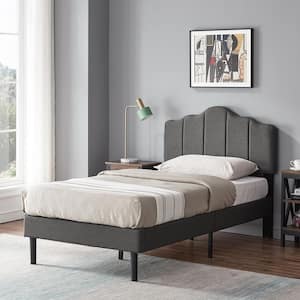 Twin Size Platform Bed Frame 39.3 in. W with Headboard Fabric Upholstered No Box Spring Needed Wood Slat Support Gray