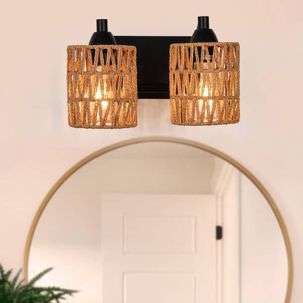 PAKOKULA Boho 11.8 in. 2-Light Matte Black Vanity Light with Yellow Woven Shade