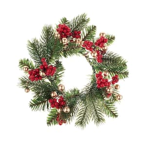 Mini Wreath for 3 inch Pillar Style Candle Glittered Greens Red Berries Pine Cones with Red Ball Ornaments Artificial Pine Ten Waterloo Christmas Candle Ring