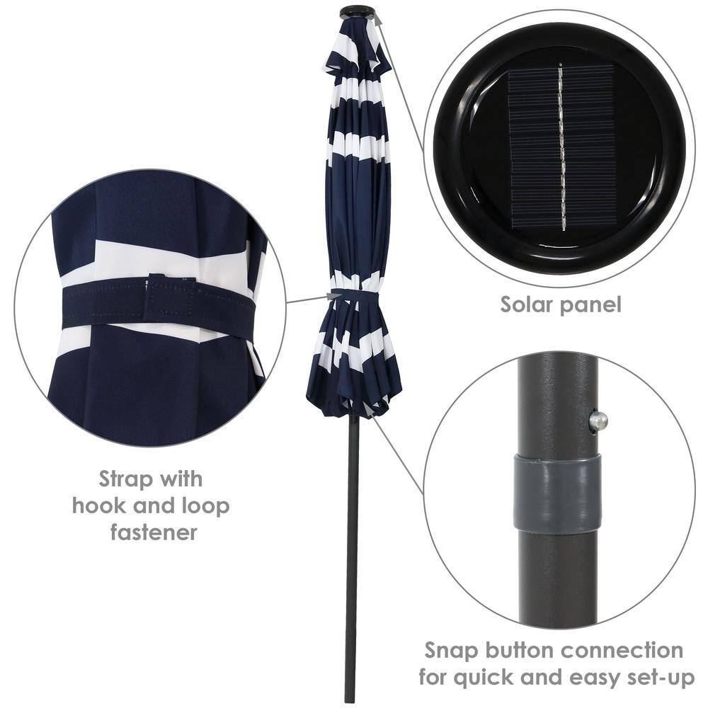 Navy Blue Striped Aluminum Market Umbrella with Solar LED Lights