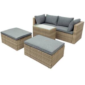 5-Piece Outdoor Patio Furniture Set, Elegant Wicker Rattan Sectional Sofa Set Chair Stool & Glass Table Set Gray Cushion