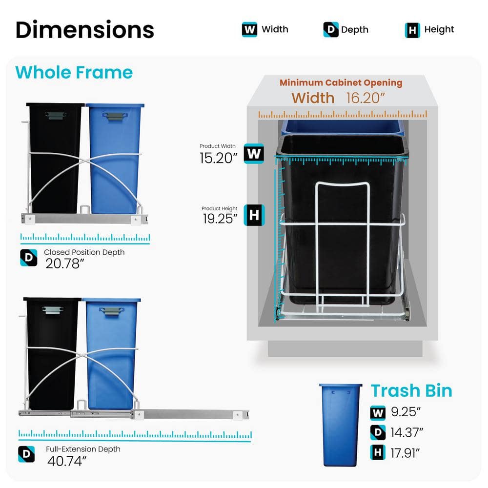 Dual Compartment Black and Blue Plastic Pull-Out Kitchen Trash Can