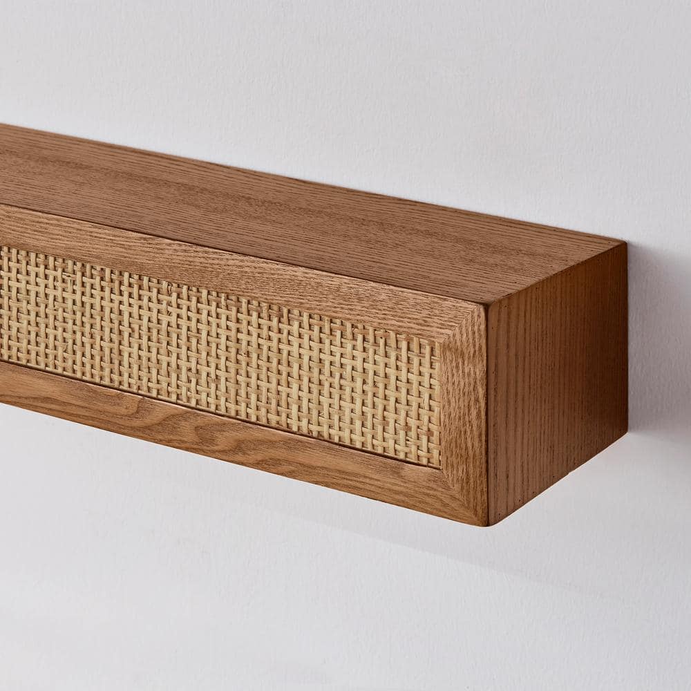 Natural Wood Floating Wall Shelves with Rattan Caning Detail