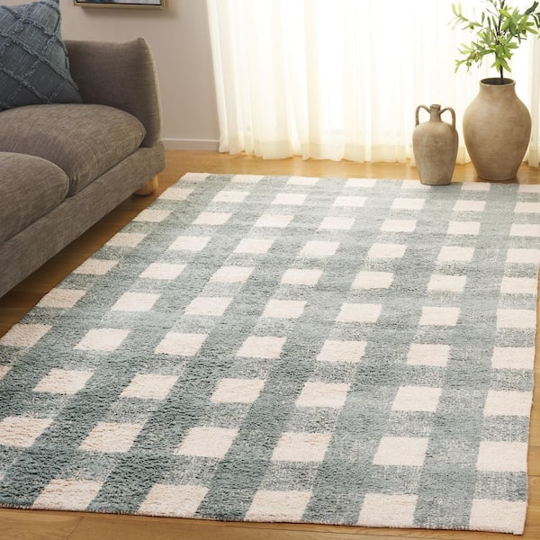 Easy Care Ivory/Teal 5 ft. x 8 ft. Solid Lattice Grid Area Rug