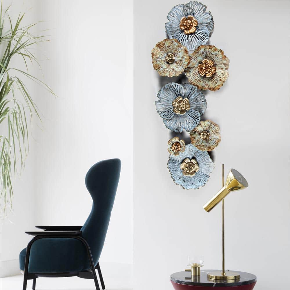Distressed Blue and Gold Floral Iron Wall Sculpture