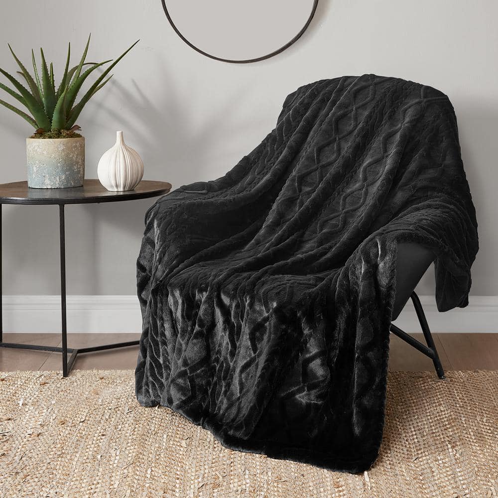Embossed Cable Rabbit Black 50 in. 70 in. Plush Faux Fur Throw Blanket