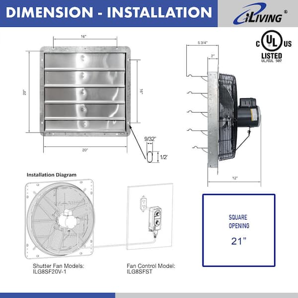 iLIVING - 20 in. Wall Mounted Shutter Exhaust Fan, Automatic Shutter, with Thermostat and Variable Speed controller, 3368 CFM