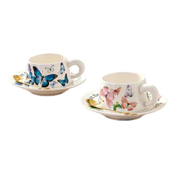 Butterfly Pattern Vintage, 8 oz. Multicolor Ceramic Tea Cup Set, Non-Toxic, Anti-Slip, Gift Ready (Set of 6)