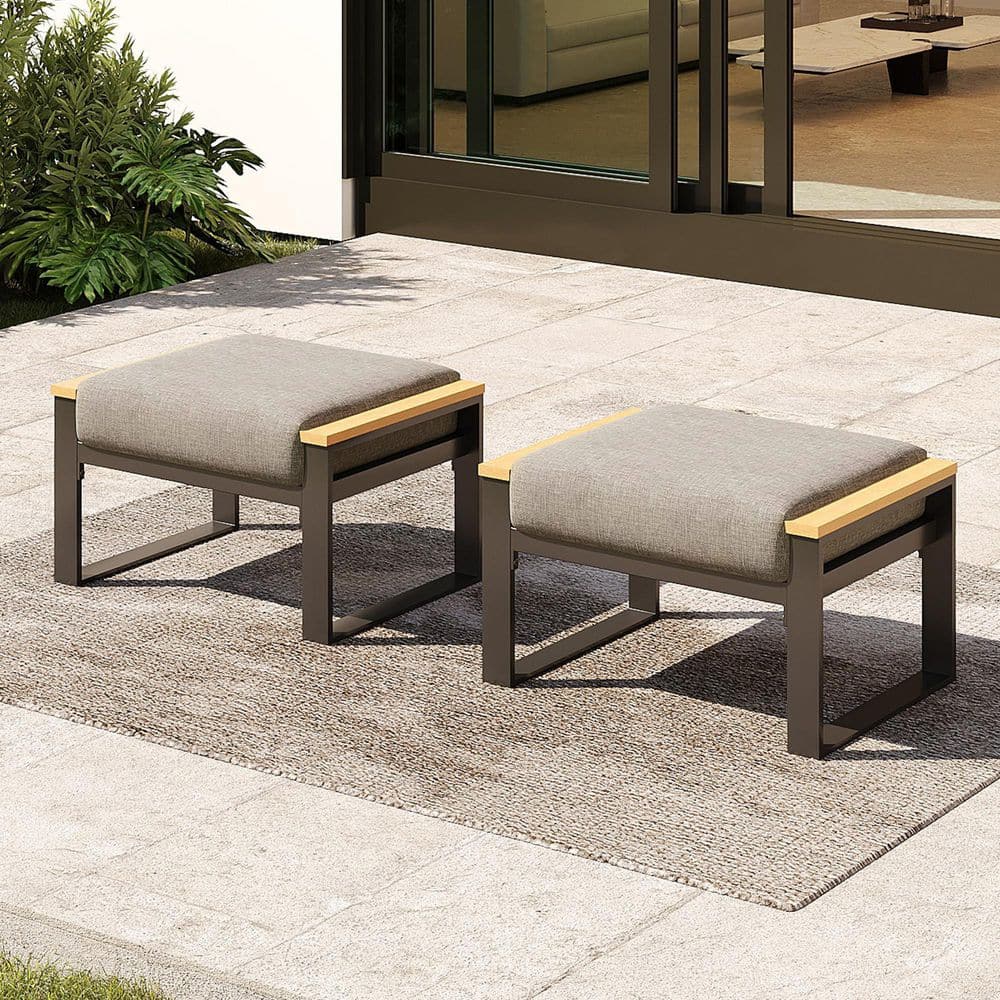 2-Piece Aluminum Outdoor Patio Ottoman with Khaki Cushions