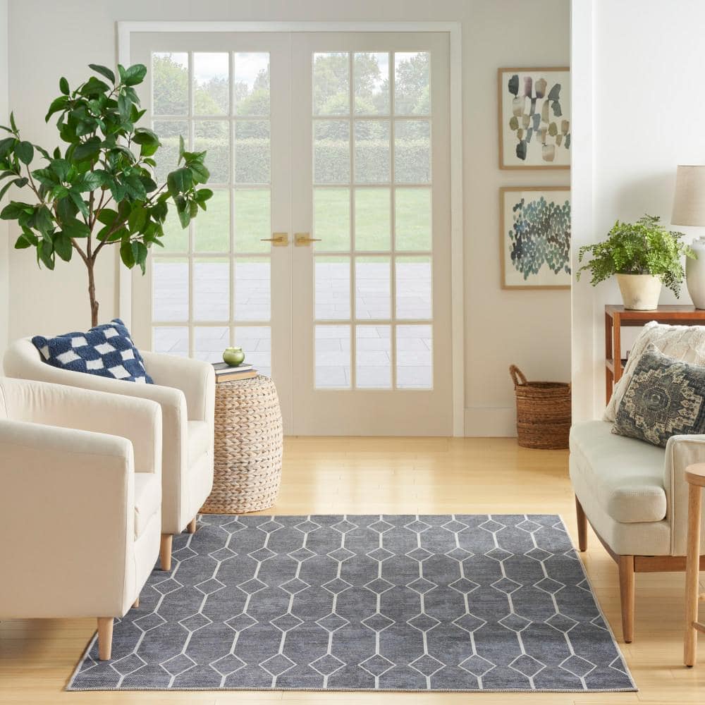 Vintage-Inspired Geometric Navy 6' x 9' Easy-Care Area Rug