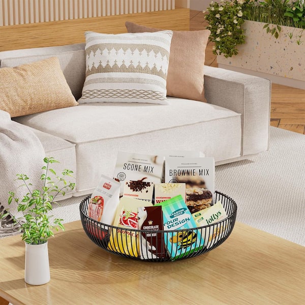 11 in. x 3.2 in. Round Metal Fruit Basket Bowl for Kitchen Counter Fruits, Veggies, Snacks, Black