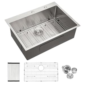 30 in. Drop in Single Bowl 16 Gauge Stainless Steel opmount Kitchen Sink Basin with Stainless Steel Dish Grid