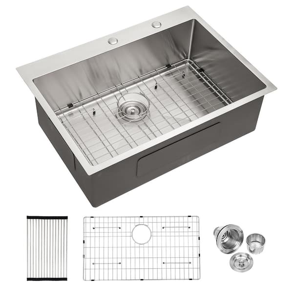 ANGELES HOME 30 in. Drop in Single Bowl 16 Gauge Stainless Steel opmount Kitchen Sink Basin with Stainless Steel Dish Grid